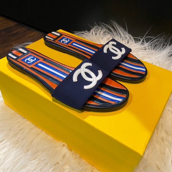 CHANEL Shoes - Chanel Navy Blue Orange White CC Logo Sandal 37.5